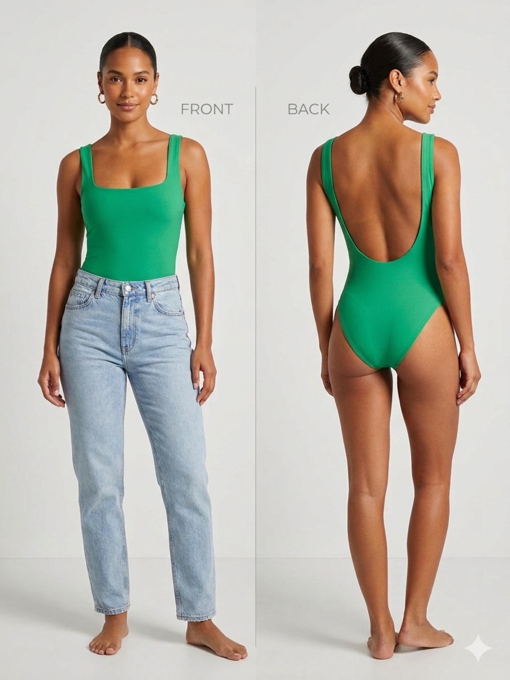 Haute Monde Kelly Green Square Neck One-Piece bodysuit.
